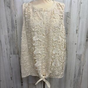 French Laundry Plus Size Cream Lace Tie Front Button Down Sleeveless Top